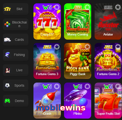 Main screen of Mobilewins game page for PK players